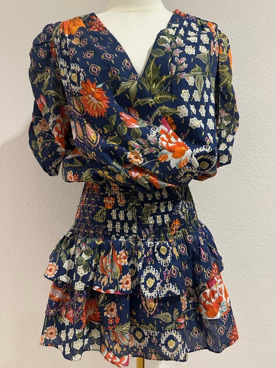 Amanda Uprichard Dresses & Skirts - Amanda Uprichard Navy Floral Wrap Mini Dress with Orange & Green Accents